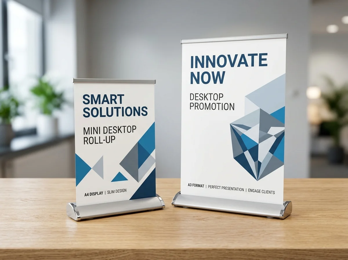 A4 and A3 desktop roller banners standing side by side on a modern office desk showing compact aluminium cassette and anti-curl graphics