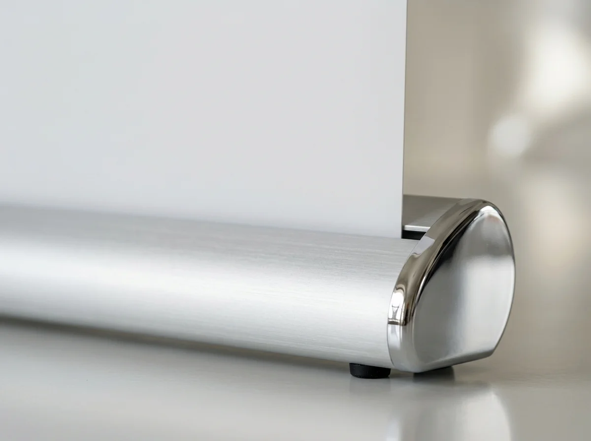 Extreme close-up macro detail of the miniature anodised aluminium desktop roller banner cassette base with chrome end caps