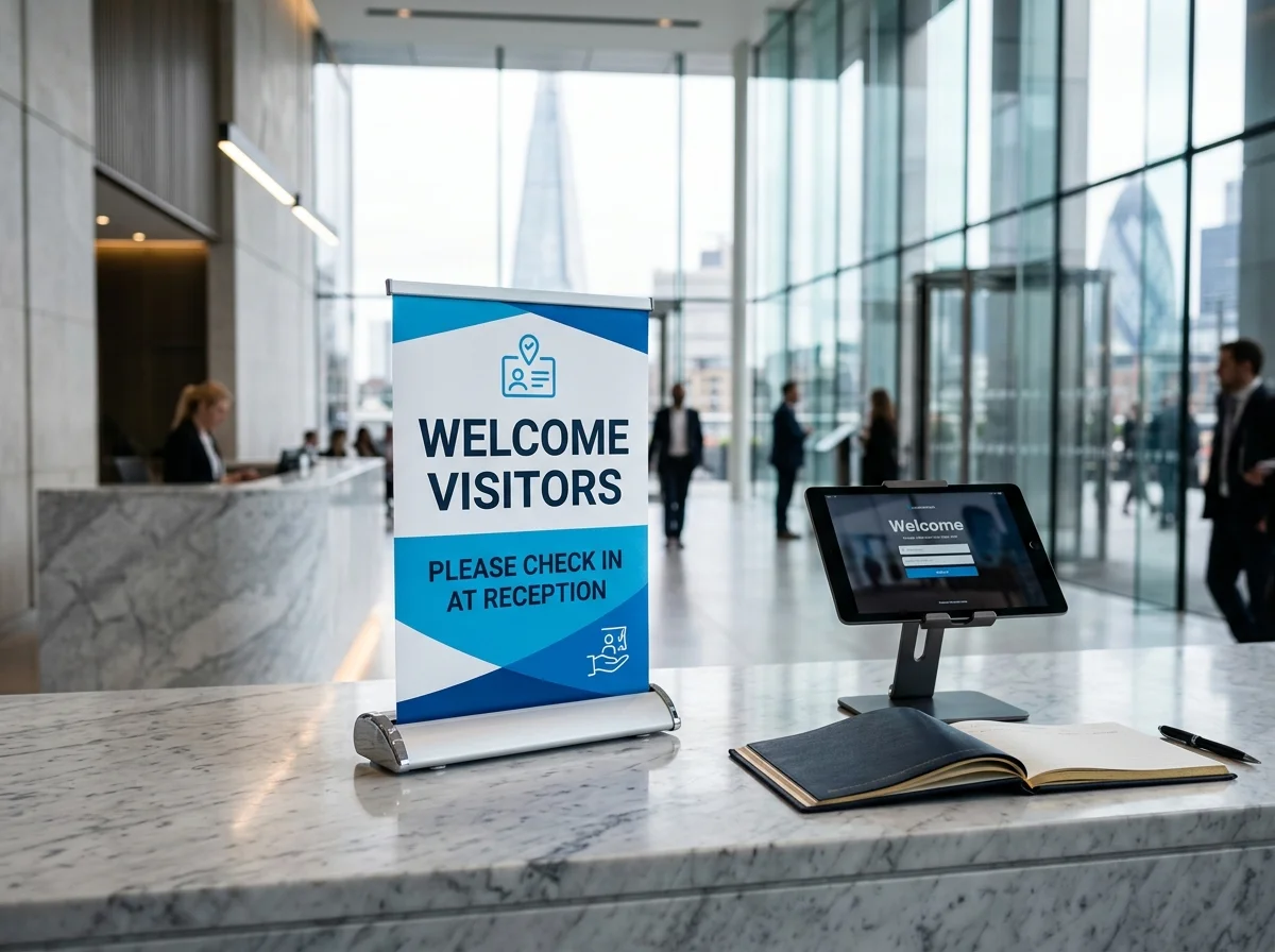 A4 desktop roller banner standing on a modern corporate reception desk in London showing visitor branding