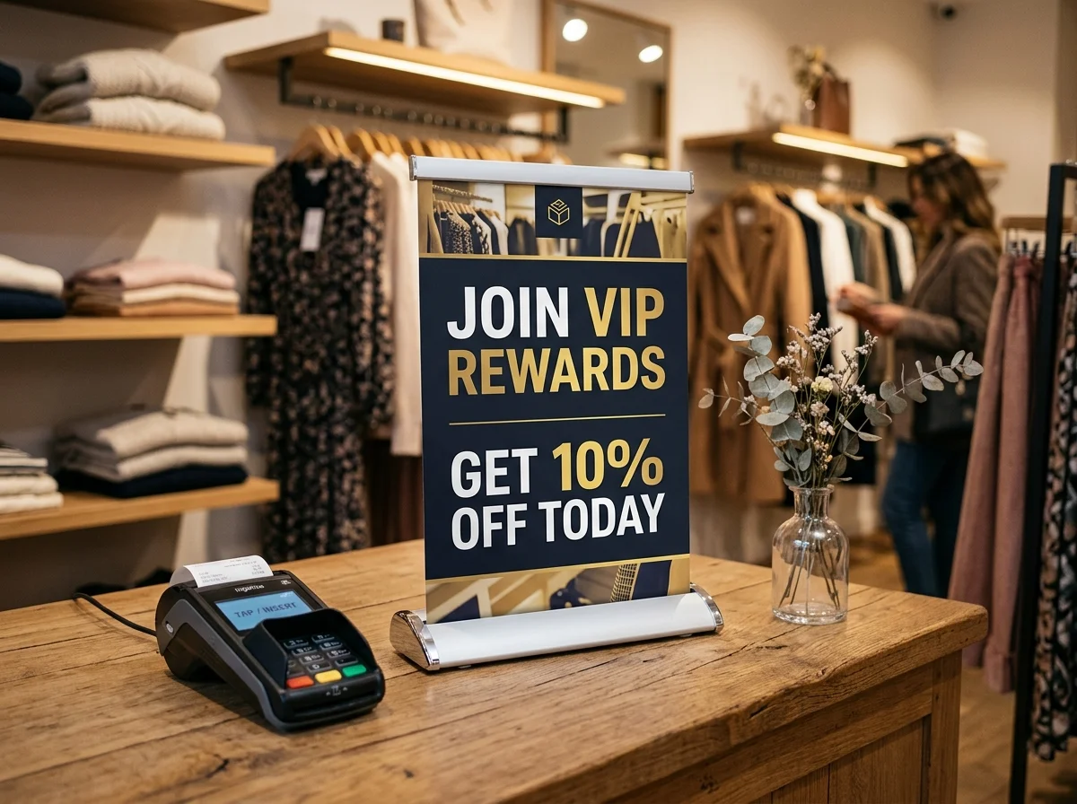 A3 desktop roller banner on a retail point of sale checkout counter next to payment card terminal
