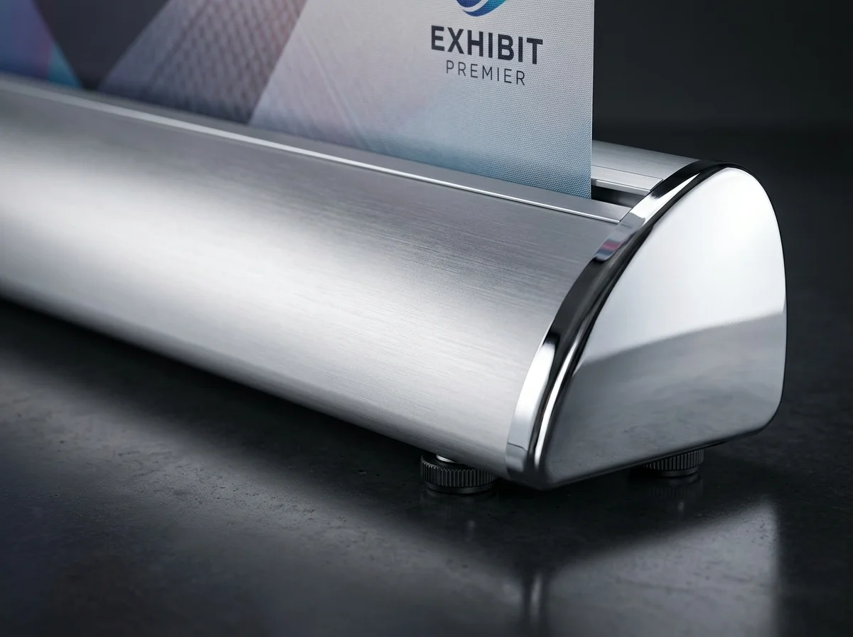 Extreme close up macro shot of the luxury teardrop roller banner base showing solid aluminium housing, chrome end-caps, and levelling feet