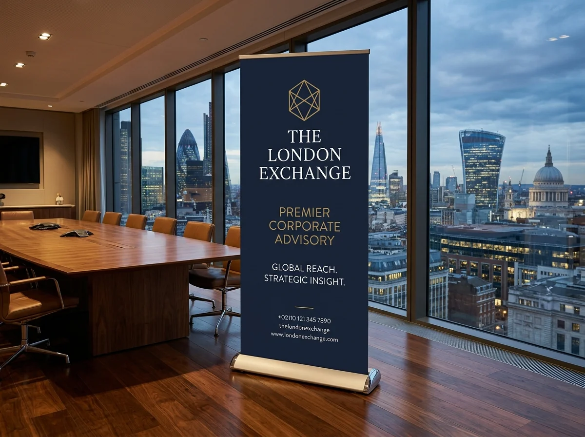 An 850mm premium roller banner standing in an executive corporate boardroom in London with teardrop footless base