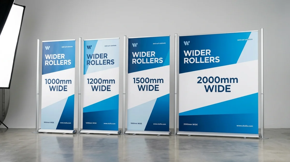 Studio product lineup of wide roller banners across 1000mm, 1200mm, 1500mm, and 2000mm widths against a neutral background