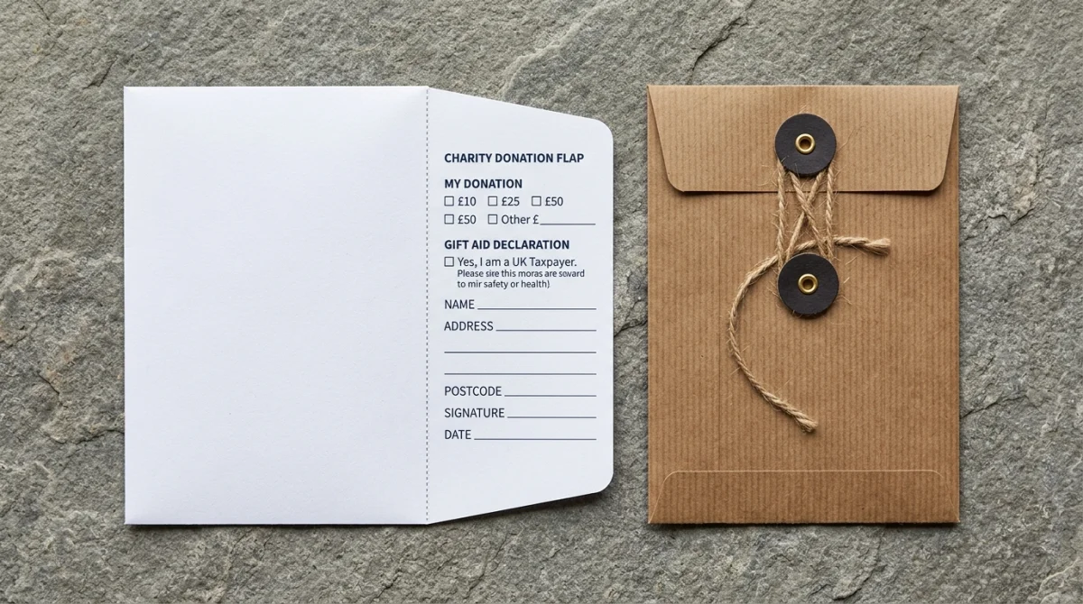 Charity Bangtail donation envelope with perforated tear off Gift Aid slip and String and Washer envelope