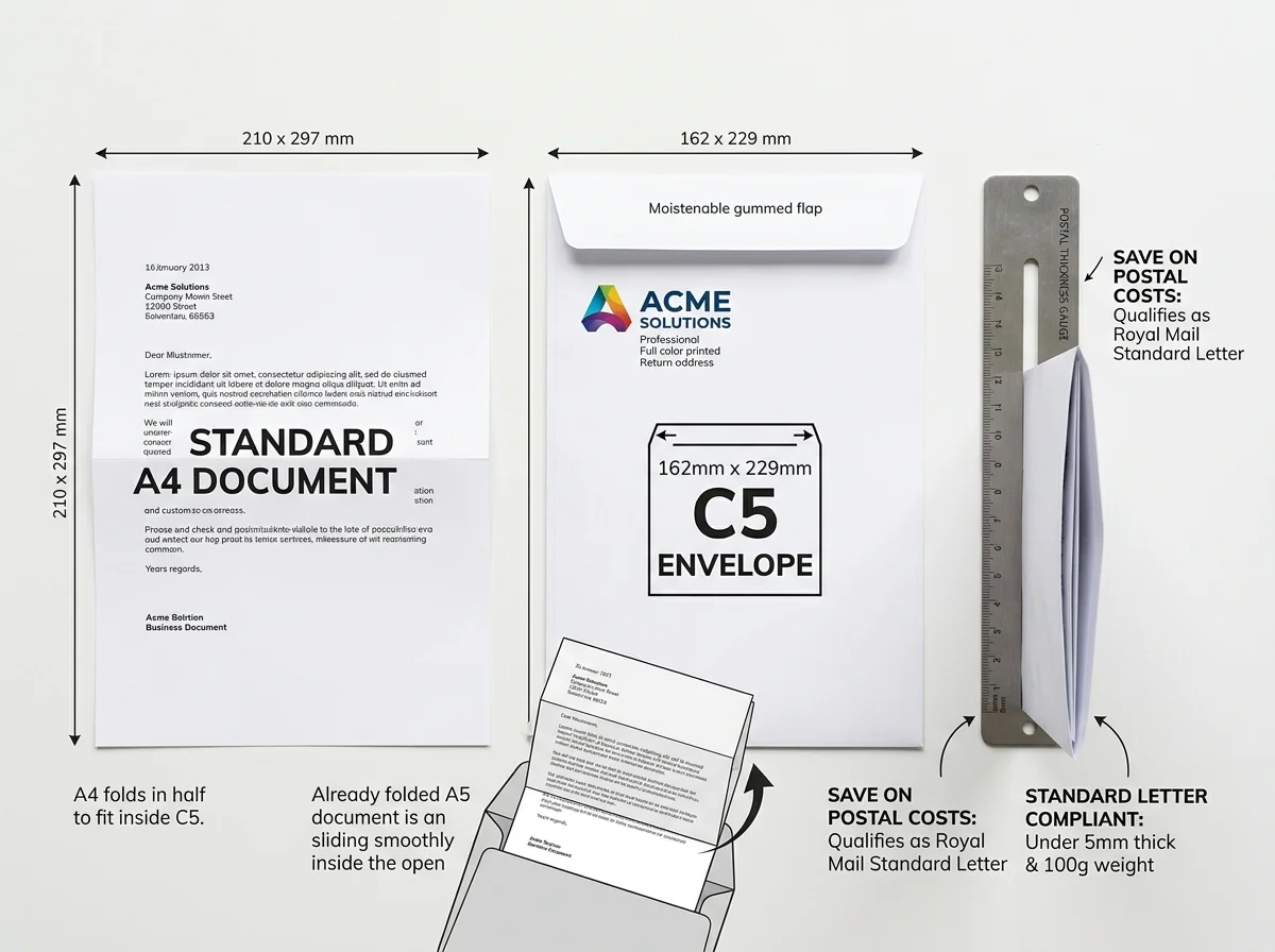A4 sheet folded in half to fit C5 printed envelope for Royal Mail Standard Letter savings