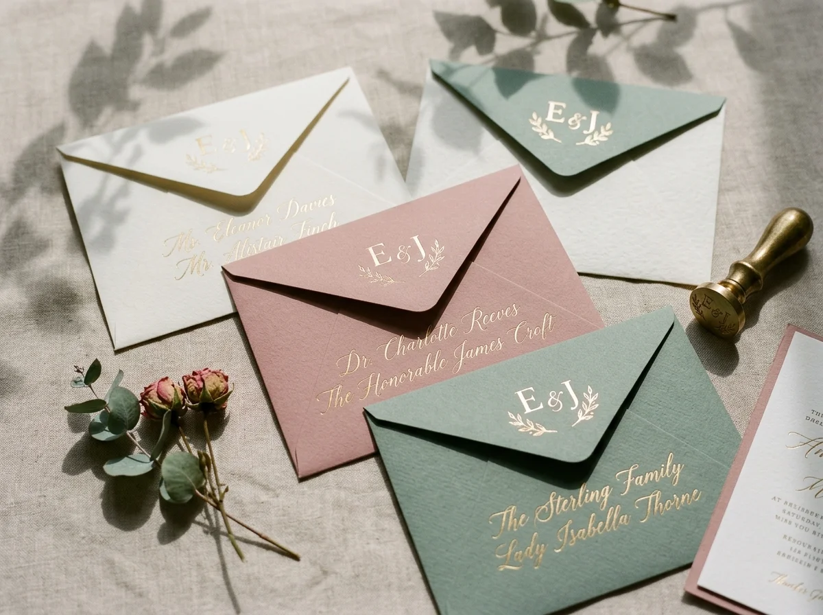 Artisanal C6 luxury invitation envelopes with gold foil stamping and textured paper