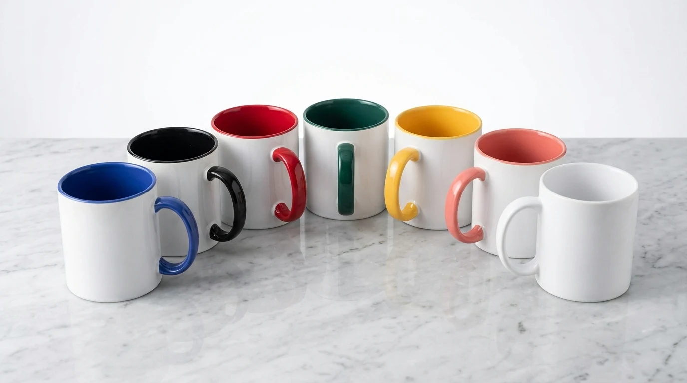 Custom 11oz Ceramic Mugs Interior Colours Options - Royal Blue, Jet Black, Vibrant Red, Forest Green, Warm Yellow, Coral Pink, Pure White