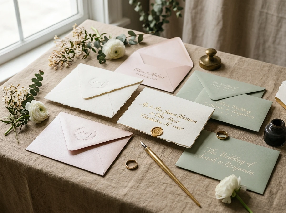 Square 155x155mm textured Tintoretto invitation envelopes with gold foil and calligraphy