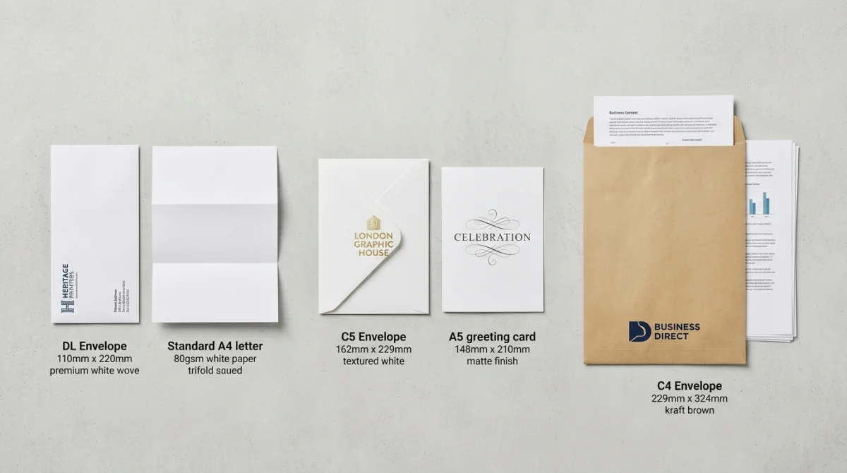 UK Envelope Sizing Guide - DL, C5, and C4 formats compared side-by-side with paper inserts