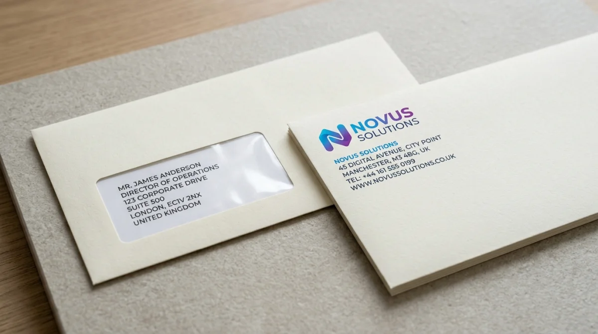 Corporate address window envelope vs solid face printed envelope comparison