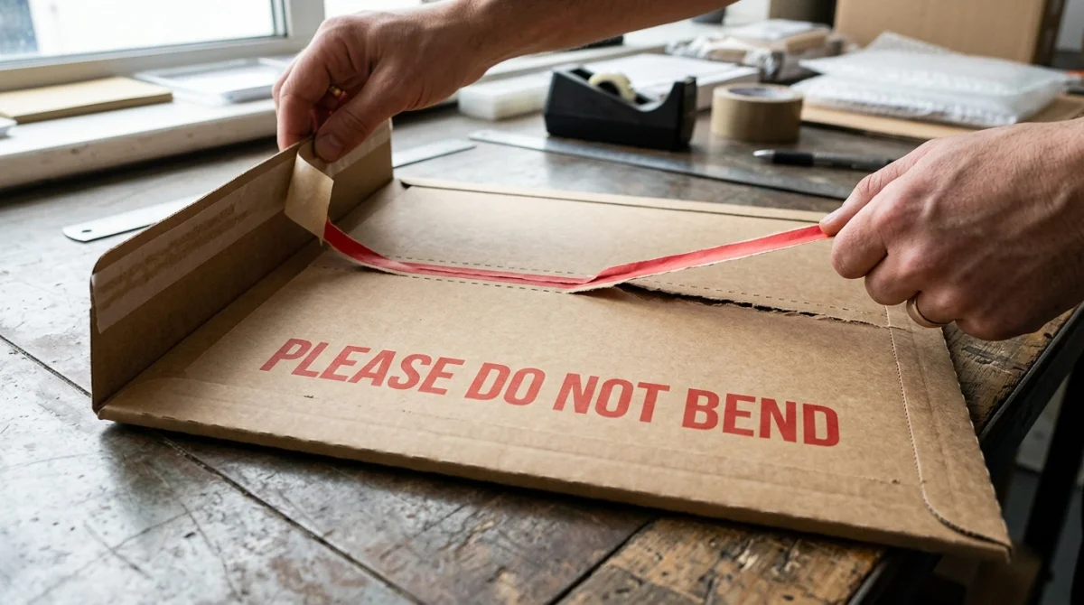 Rigid 360gsm all board calendar mailer showing red rippa-strip tear tape and Do Not Bend imprint