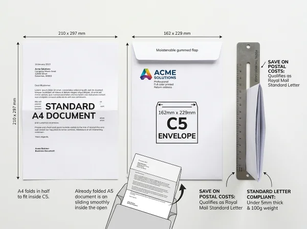 C5 Printed Envelopes 162x229mm holding folded A4 paper and A5 booklets