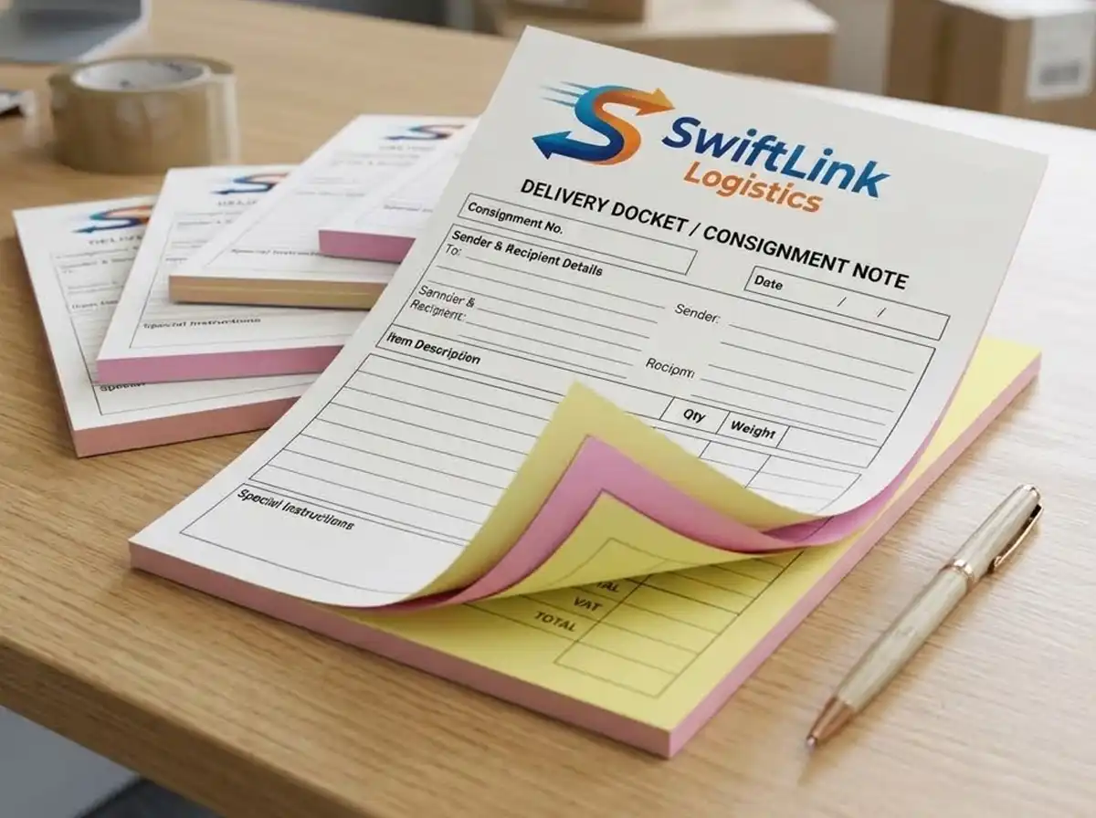 Custom printed NCR sets UK showing individual duplicate and triplicate sheets fanned out on trade clipboard with sequential numbering