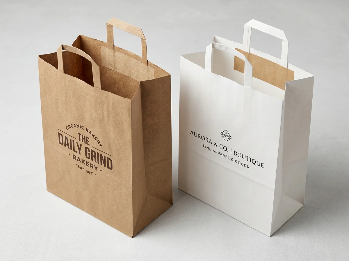 Folded Handle Paper Bags with reinforced internal tape handles in brown and white kraft