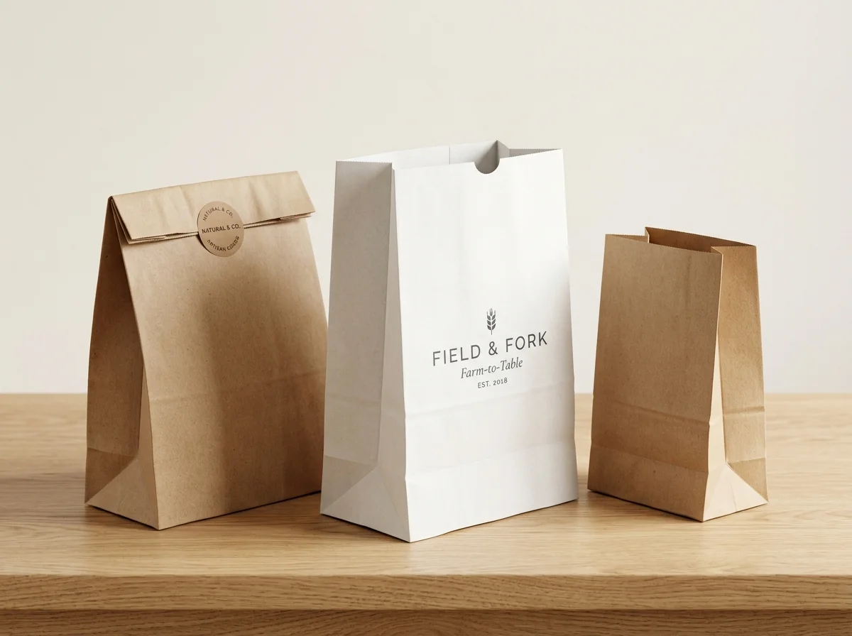 Handleless Grab Paper Bags standing on counter in brown and white kraft