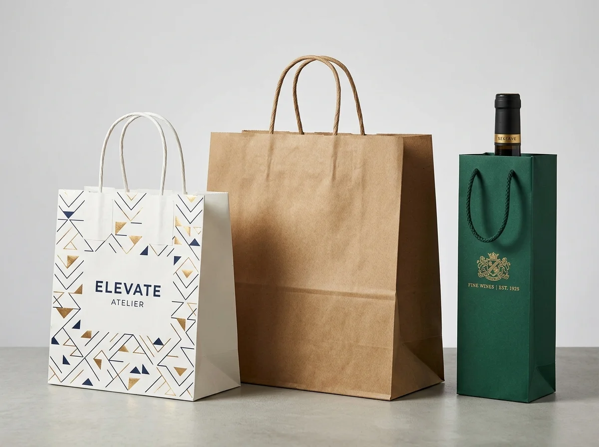 Twisted Handle Paper Bags and Bottle Bag in white and brown kraft with rope handles
