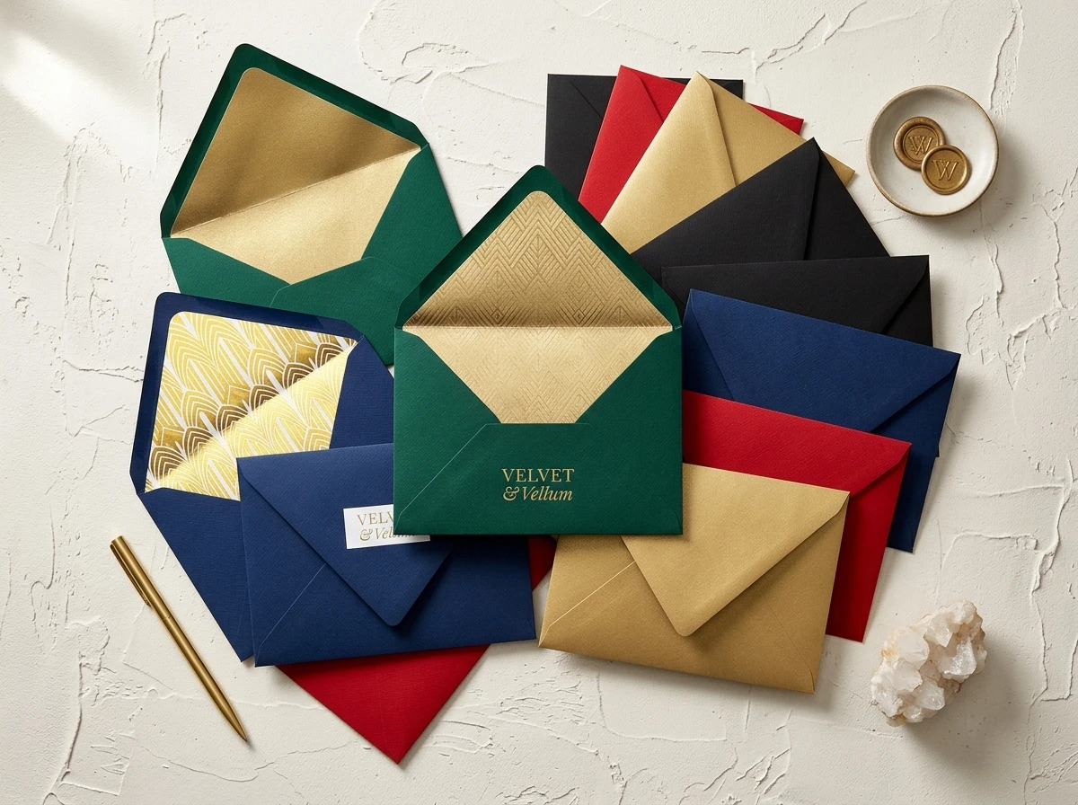 Luxury coloured envelopes in jewel tones with gold hot foil stamping